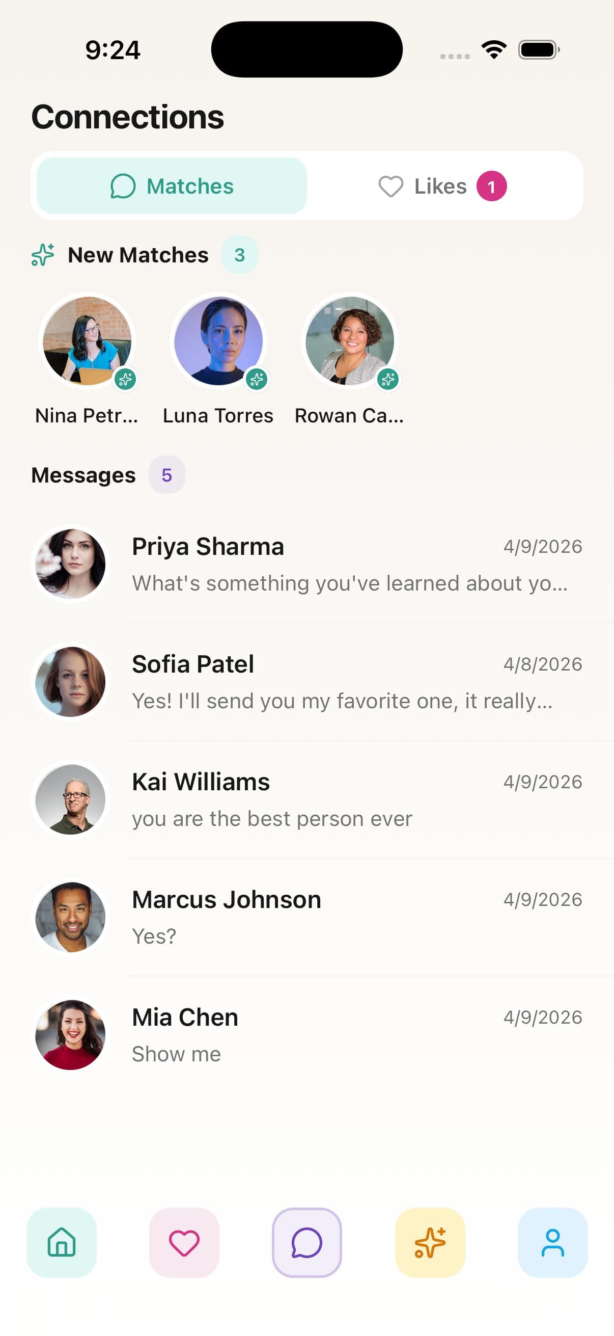SafeSpace app showing daily affirmations, match stats, and discover features